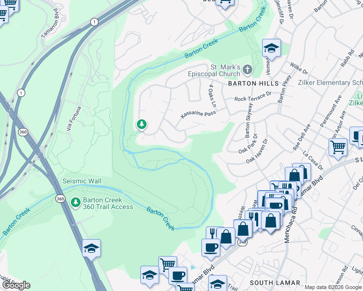 map of restaurants, bars, coffee shops, grocery stores, and more near 2718 Tether Trail in Austin