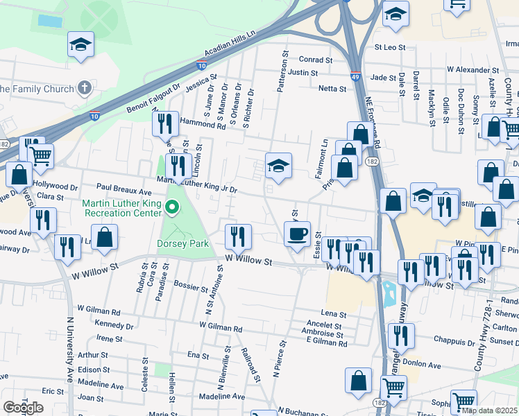map of restaurants, bars, coffee shops, grocery stores, and more near 323 Patterson Street in Lafayette