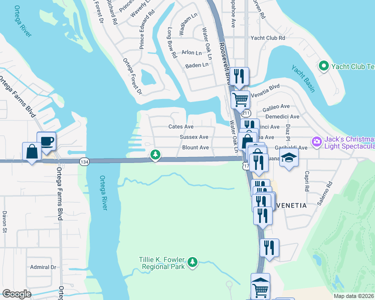 map of restaurants, bars, coffee shops, grocery stores, and more near 4704 Sussex Avenue in Jacksonville