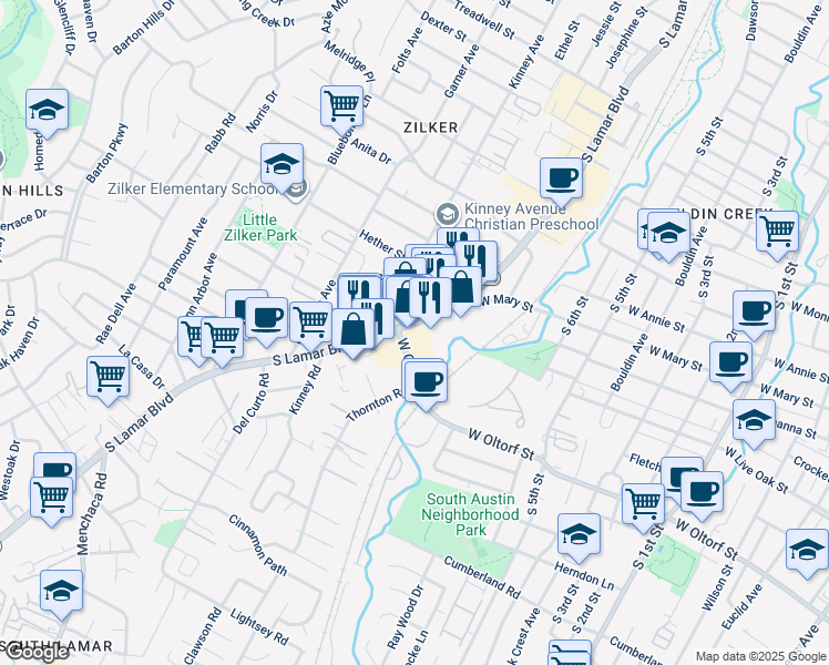 map of restaurants, bars, coffee shops, grocery stores, and more near 2043 South Lamar Boulevard in Austin