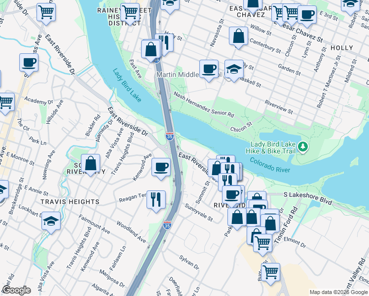 map of restaurants, bars, coffee shops, grocery stores, and more near 1300 East Riverside Drive in Austin