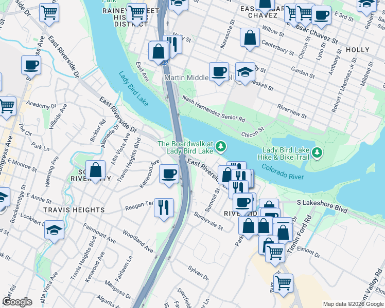 map of restaurants, bars, coffee shops, grocery stores, and more near 1300 East Riverside Drive in Austin