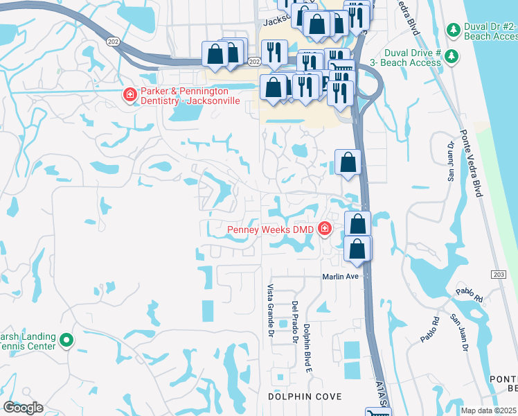 map of restaurants, bars, coffee shops, grocery stores, and more near 1084 Sea Hawk Drive East in Ponte Vedra Beach