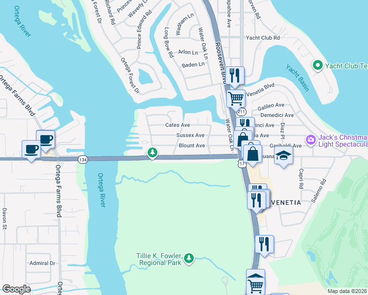 map of restaurants, bars, coffee shops, grocery stores, and more near 4704 Sussex Avenue in Jacksonville