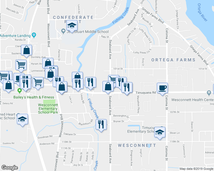 map of restaurants, bars, coffee shops, grocery stores, and more near 5325 Seaboard Avenue in Jacksonville