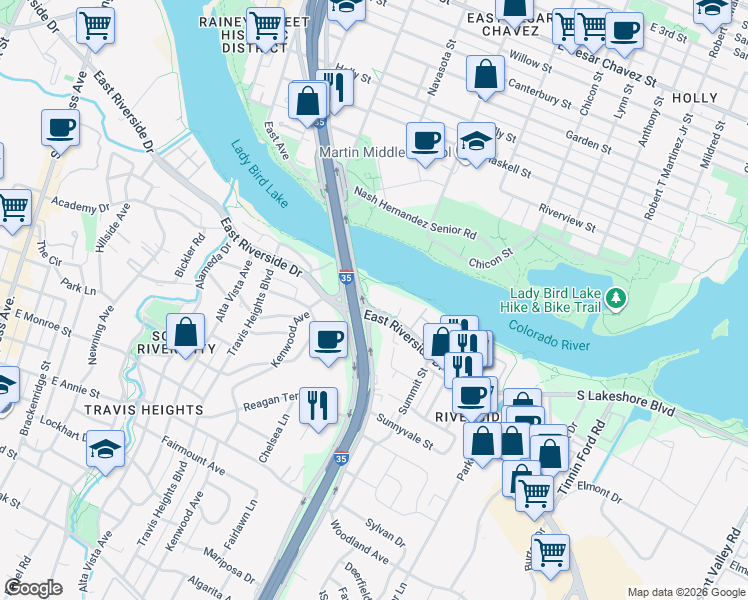 map of restaurants, bars, coffee shops, grocery stores, and more near 1300 East Riverside Drive in Austin