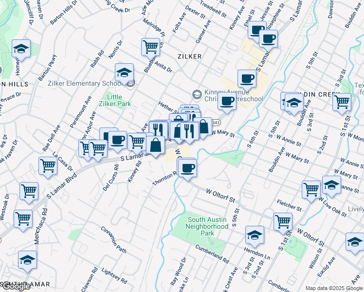 map of restaurants, bars, coffee shops, grocery stores, and more near in Austin
