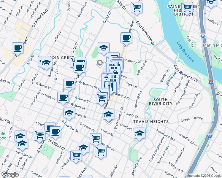 map of restaurants, bars, coffee shops, grocery stores, and more near South Congress Avenue in Austin