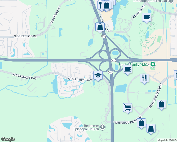 map of restaurants, bars, coffee shops, grocery stores, and more near 9735 R G Skinner Parkway in Jacksonville