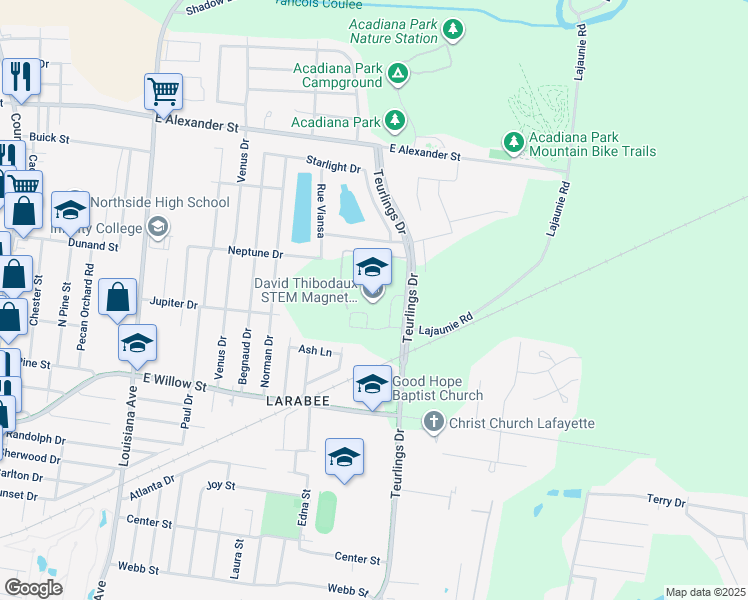 map of restaurants, bars, coffee shops, grocery stores, and more near 805 Teurlings Drive in Lafayette