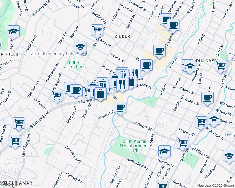 map of restaurants, bars, coffee shops, grocery stores, and more near 2043 South Lamar Boulevard in Austin