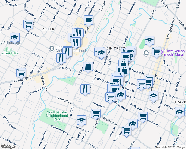 map of restaurants, bars, coffee shops, grocery stores, and more near 904 West Mary Street in Austin
