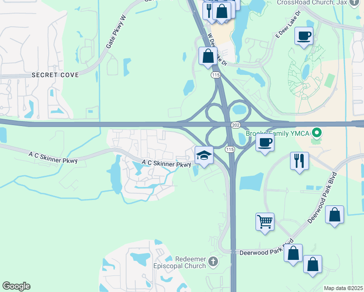 map of restaurants, bars, coffee shops, grocery stores, and more near A A C Skinner Parkway in Jacksonville