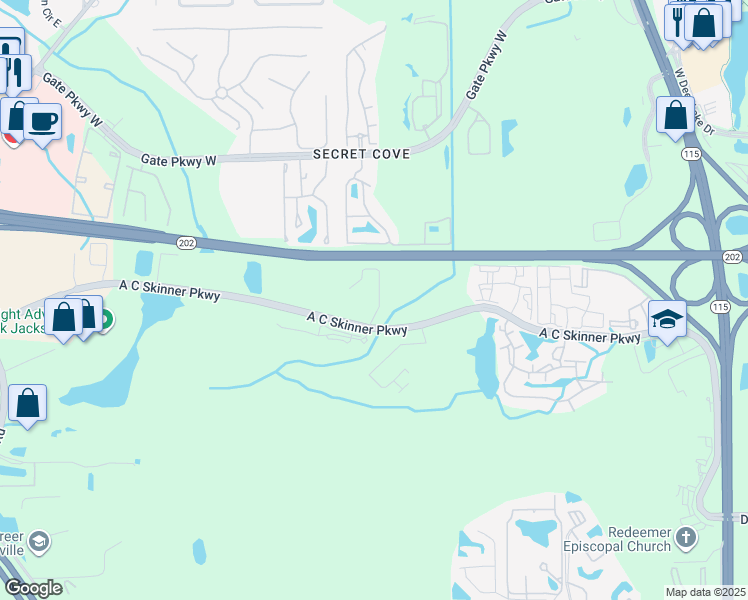 map of restaurants, bars, coffee shops, grocery stores, and more near Butler Blvd in Jacksonville