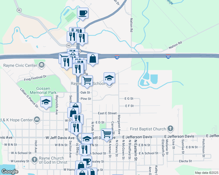 map of restaurants, bars, coffee shops, grocery stores, and more near 1016 North Polk Street in Rayne
