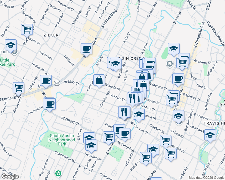 map of restaurants, bars, coffee shops, grocery stores, and more near 1711 Bouldin Avenue in Austin