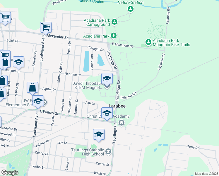 map of restaurants, bars, coffee shops, grocery stores, and more near 805 Teurlings Drive in Lafayette