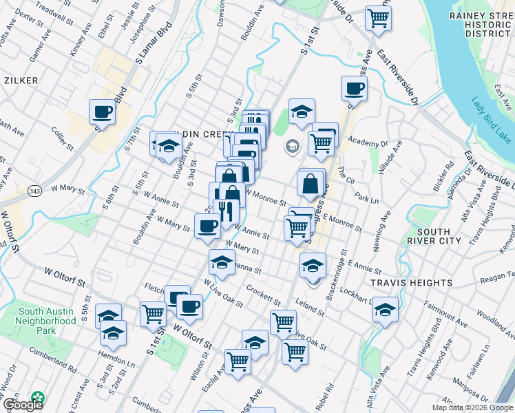 map of restaurants, bars, coffee shops, grocery stores, and more near 312 West Monroe Street in Austin