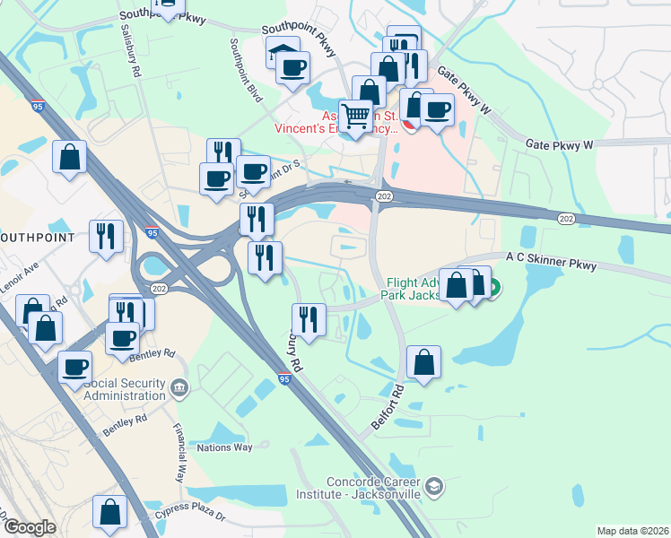 map of restaurants, bars, coffee shops, grocery stores, and more near 7102 Stonelion Circle in Jacksonville