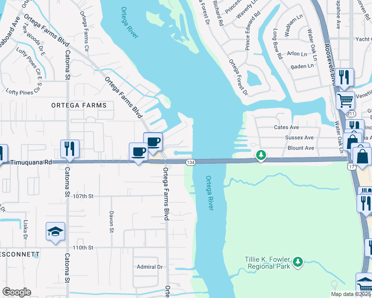 map of restaurants, bars, coffee shops, grocery stores, and more near 5409 Colvin Lane in Jacksonville