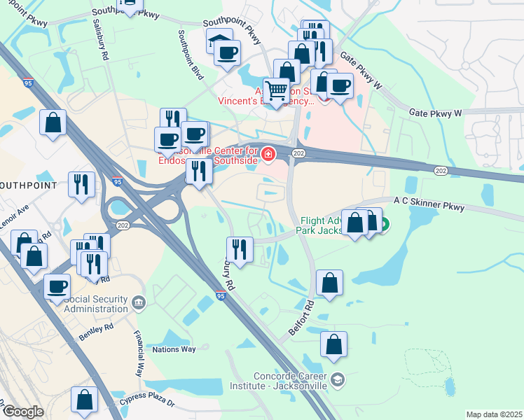 map of restaurants, bars, coffee shops, grocery stores, and more near 4836 Parkhurst Place in Jacksonville