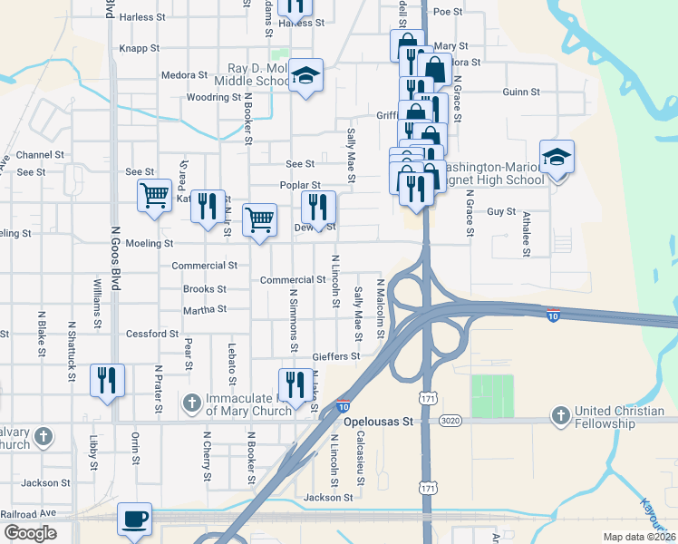 map of restaurants, bars, coffee shops, grocery stores, and more near 900-998 N Lincoln St in Lake Charles
