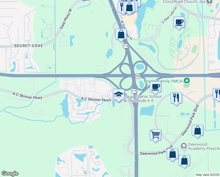 map of restaurants, bars, coffee shops, grocery stores, and more near 8681 A C Skinner Parkway in Jacksonville