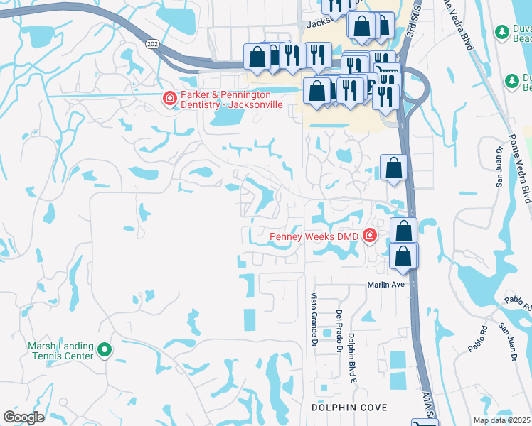 map of restaurants, bars, coffee shops, grocery stores, and more near 200 Boardwalk Drive in Ponte Vedra Beach