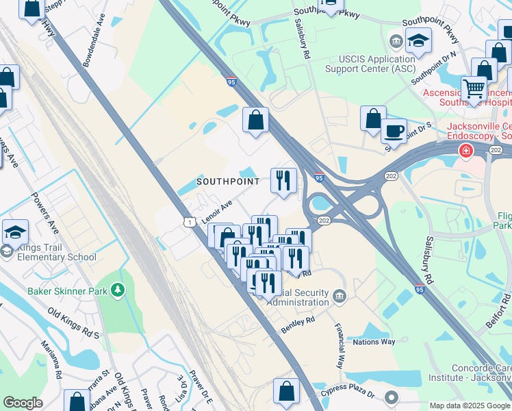 map of restaurants, bars, coffee shops, grocery stores, and more near 4681 South Lenoir Avenue in Jacksonville