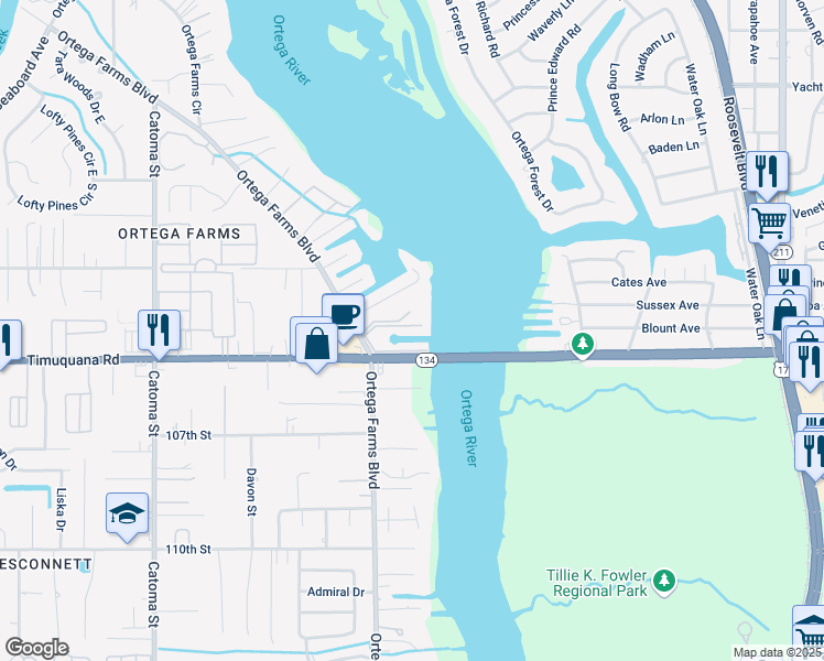 map of restaurants, bars, coffee shops, grocery stores, and more near 5409 Colvin Lane in Jacksonville