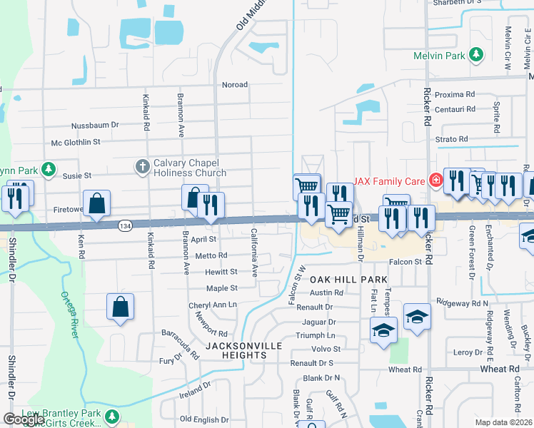 map of restaurants, bars, coffee shops, grocery stores, and more near 8068 Firetower Road in Jacksonville