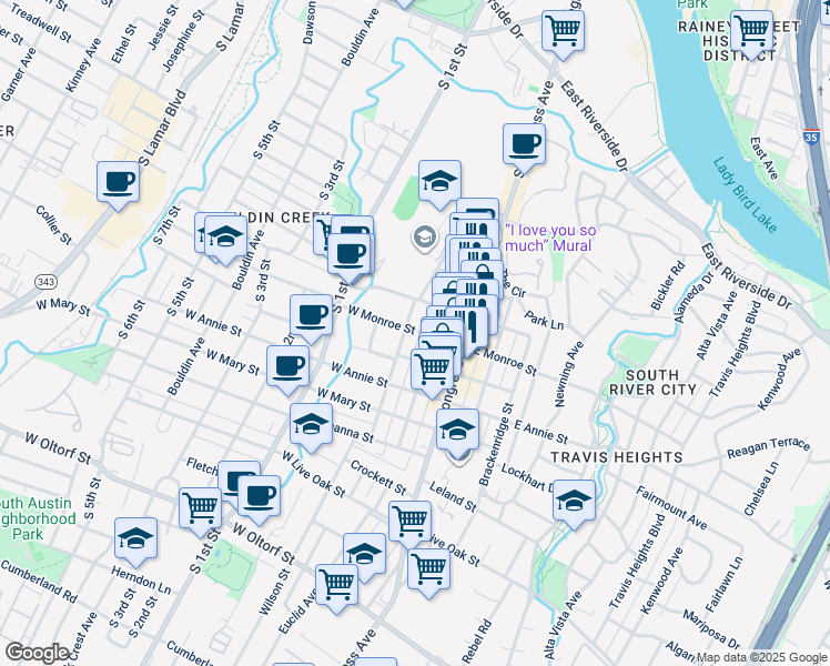 map of restaurants, bars, coffee shops, grocery stores, and more near 1505 Newton Street in Austin