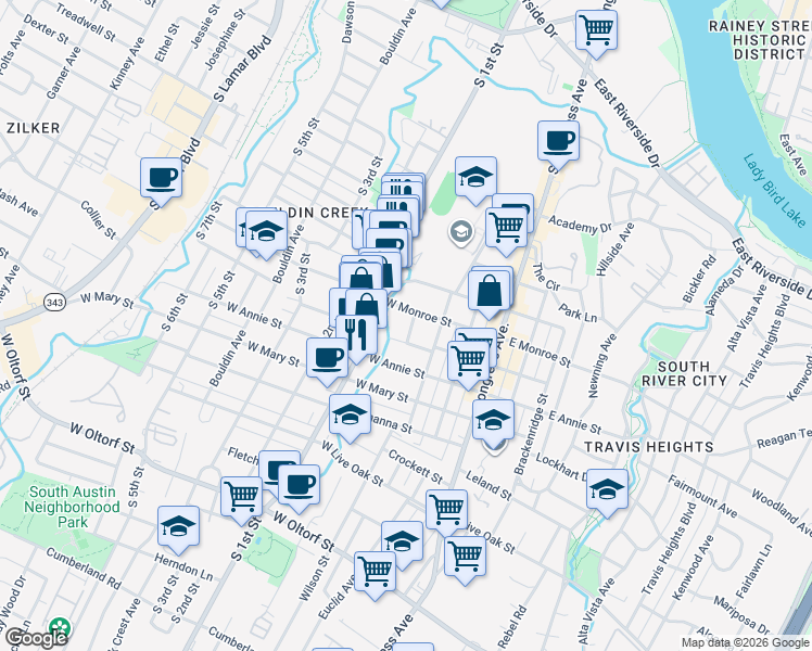 map of restaurants, bars, coffee shops, grocery stores, and more near 312 West Monroe Street in Austin