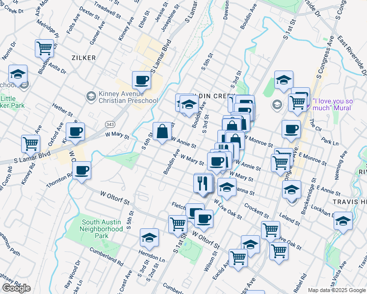 map of restaurants, bars, coffee shops, grocery stores, and more near 1711 Bouldin Avenue in Austin