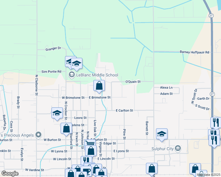 map of restaurants, bars, coffee shops, grocery stores, and more near 1108 Perry Street in Sulphur