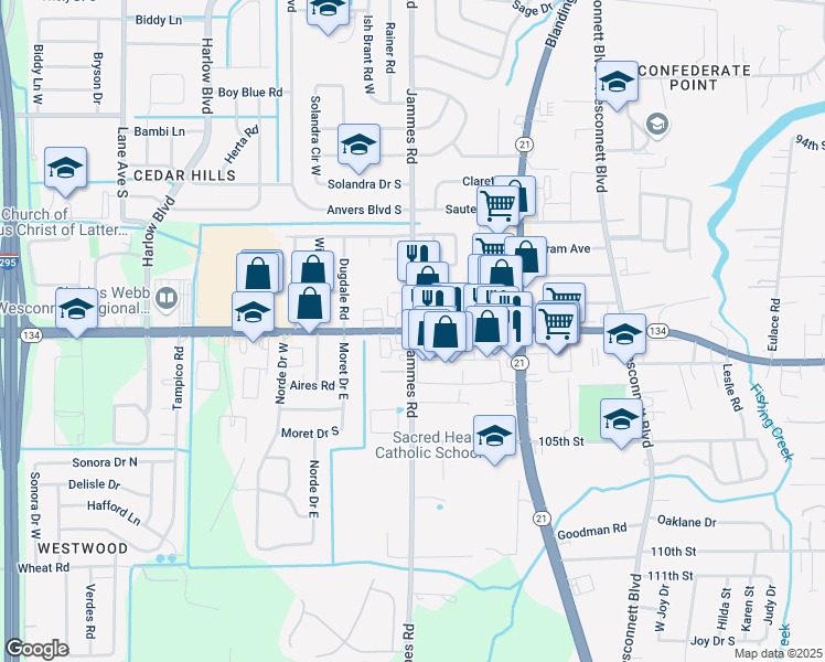 map of restaurants, bars, coffee shops, grocery stores, and more near 103rd St & Jammes Rd in Jacksonville