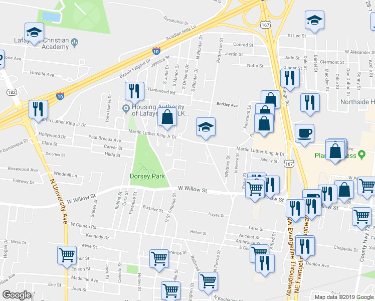 map of restaurants, bars, coffee shops, grocery stores, and more near 822 Martin Luther King Junior Drive in Lafayette