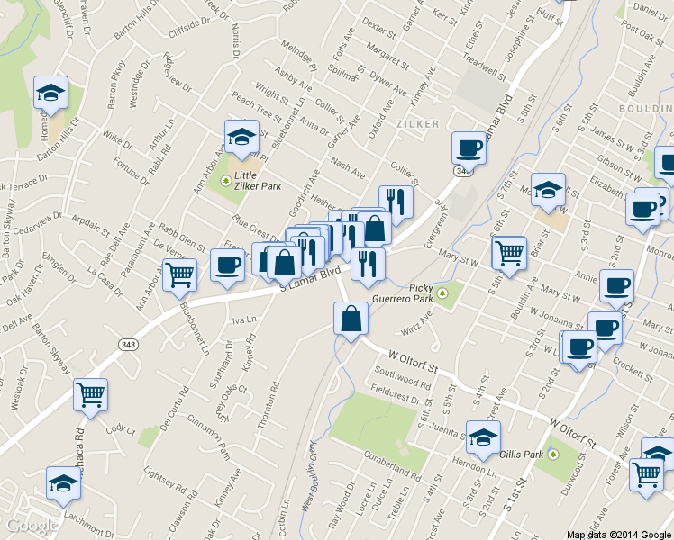 map of restaurants, bars, coffee shops, grocery stores, and more near 2057 Highway 343 Loop in Austin