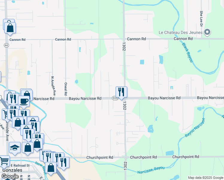 map of restaurants, bars, coffee shops, grocery stores, and more near 12308 John Lambert Road in Gonzales