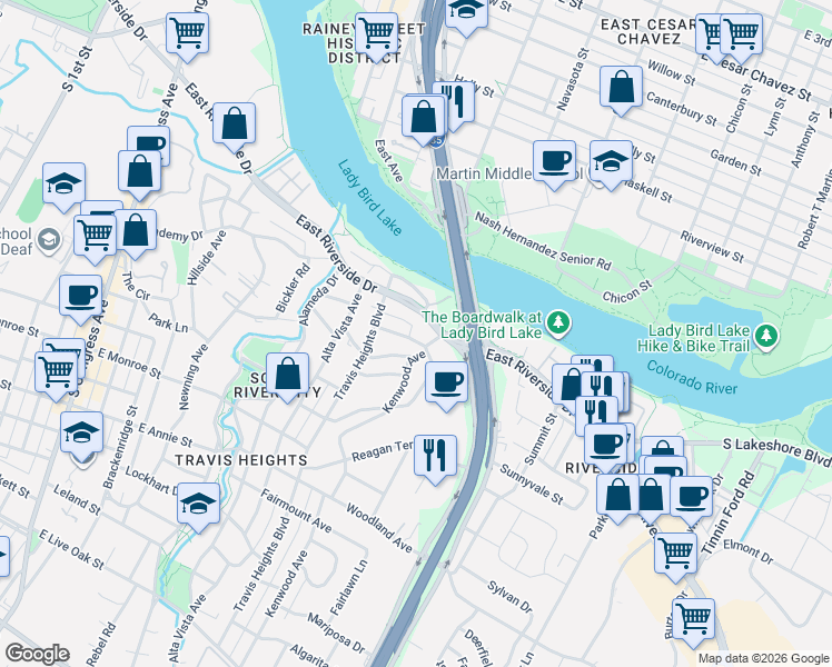 map of restaurants, bars, coffee shops, grocery stores, and more near 1018 Harwood Place in Austin
