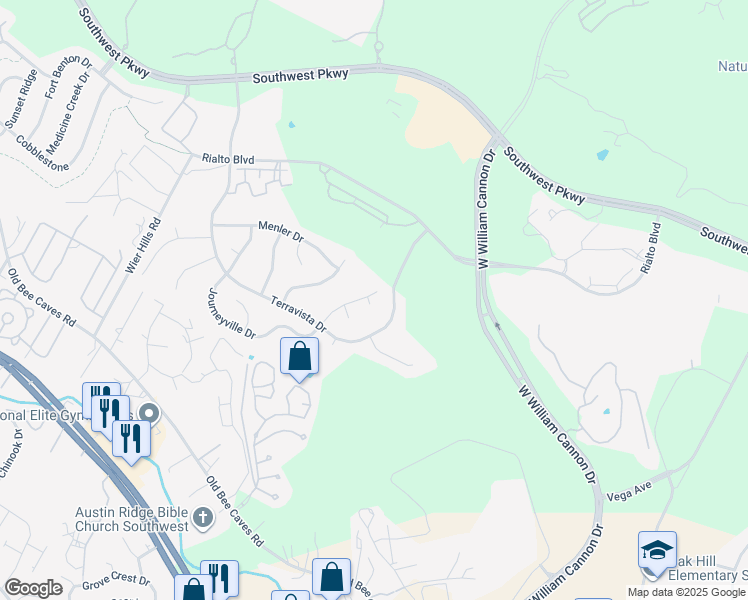 map of restaurants, bars, coffee shops, grocery stores, and more near 7300 Journeyville Drive in Austin