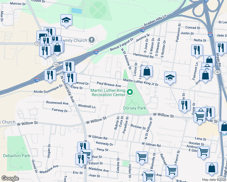 map of restaurants, bars, coffee shops, grocery stores, and more near 304 Paul Breaux Avenue in Lafayette