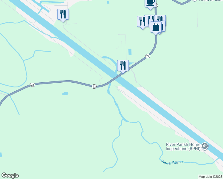map of restaurants, bars, coffee shops, grocery stores, and more near 12475 River Highlands Drive in Maurepas