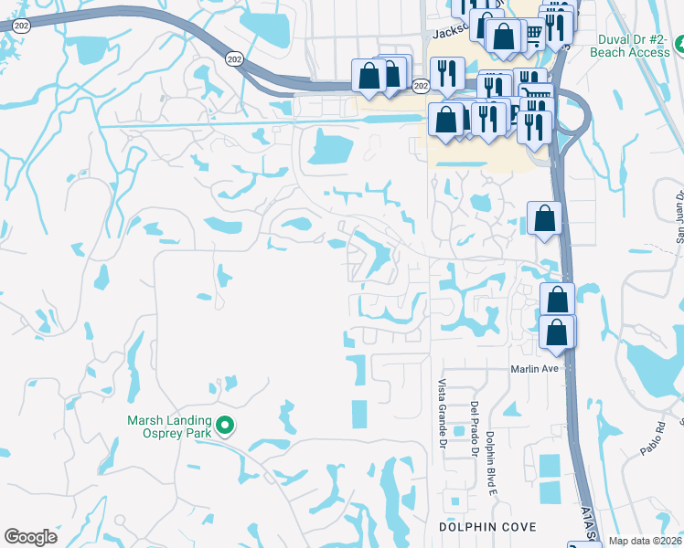 map of restaurants, bars, coffee shops, grocery stores, and more near 153 Deer Lake Drive in Ponte Vedra Beach