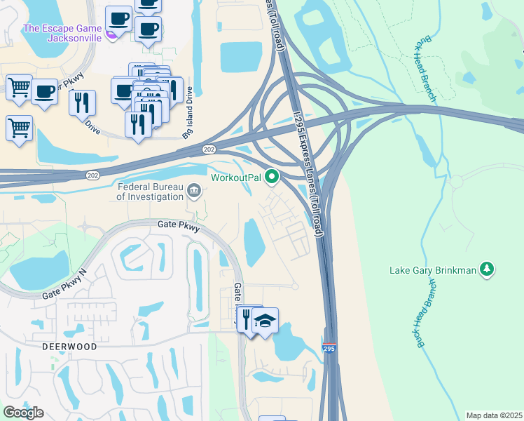 map of restaurants, bars, coffee shops, grocery stores, and more near 7300 Beach Haven Place in Jacksonville