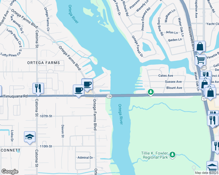 map of restaurants, bars, coffee shops, grocery stores, and more near 5050 Sanibel Drive in Jacksonville