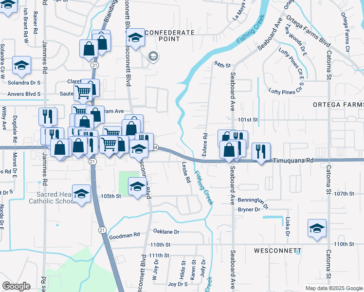 map of restaurants, bars, coffee shops, grocery stores, and more near 5851 Timuquana Road in Jacksonville