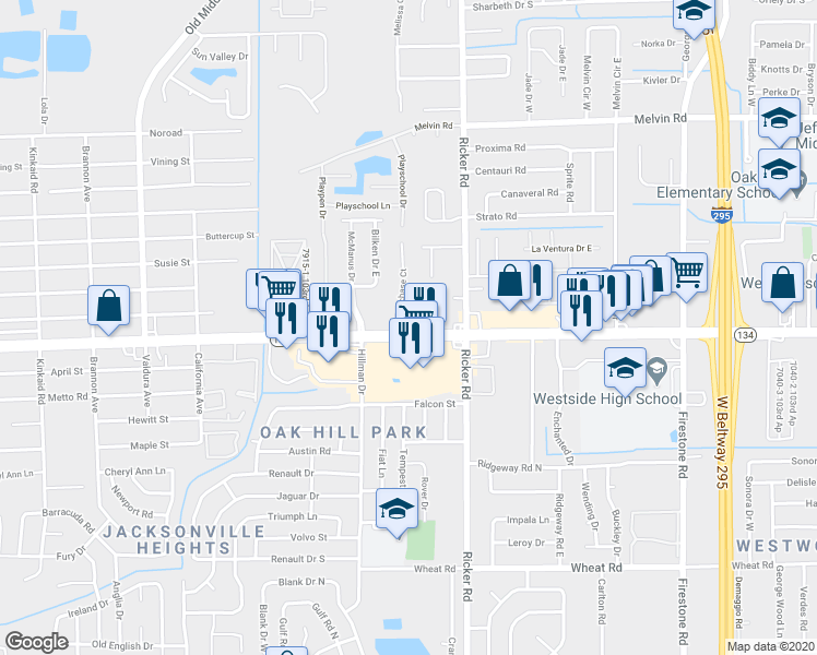 map of restaurants, bars, coffee shops, grocery stores, and more near 5335 Westchase Court in Jacksonville