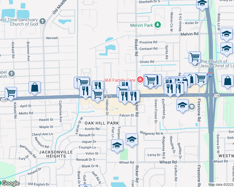 map of restaurants, bars, coffee shops, grocery stores, and more near 5335 Westchase Court in Jacksonville