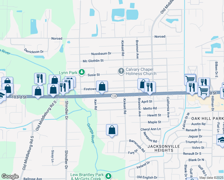 map of restaurants, bars, coffee shops, grocery stores, and more near 8507 Firetower Road in Jacksonville